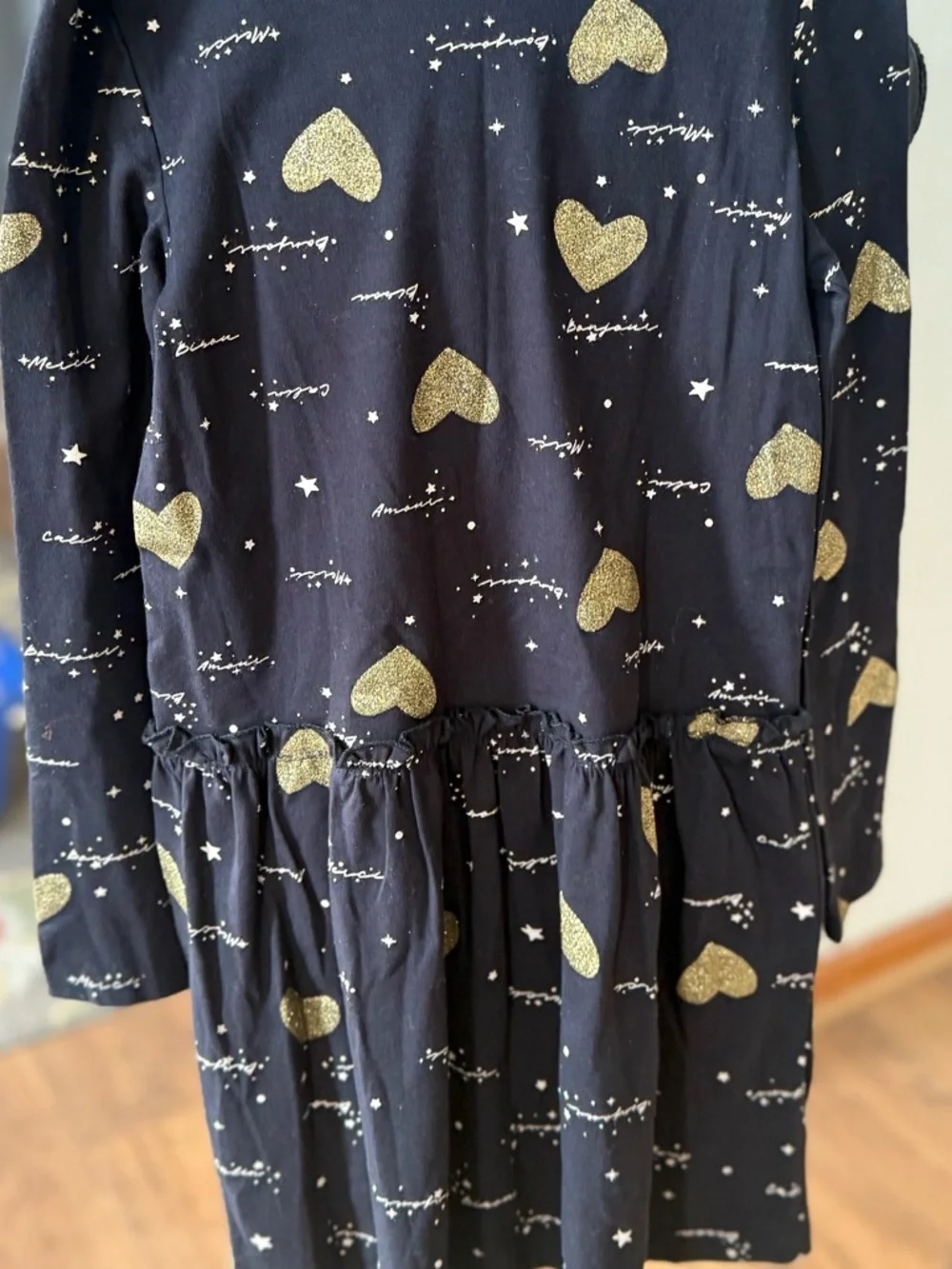 BCBGirls Navy Gold Heart Print Long Sleeve Dress Size 6/7